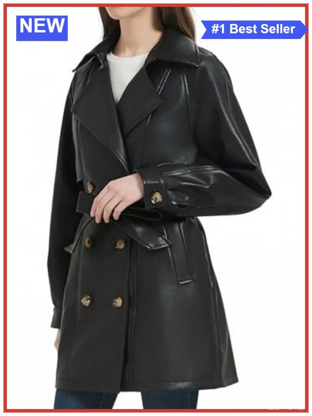 Faux Leather Long Trench Coat Double Breasted Relaxed Fit Women's Jacket